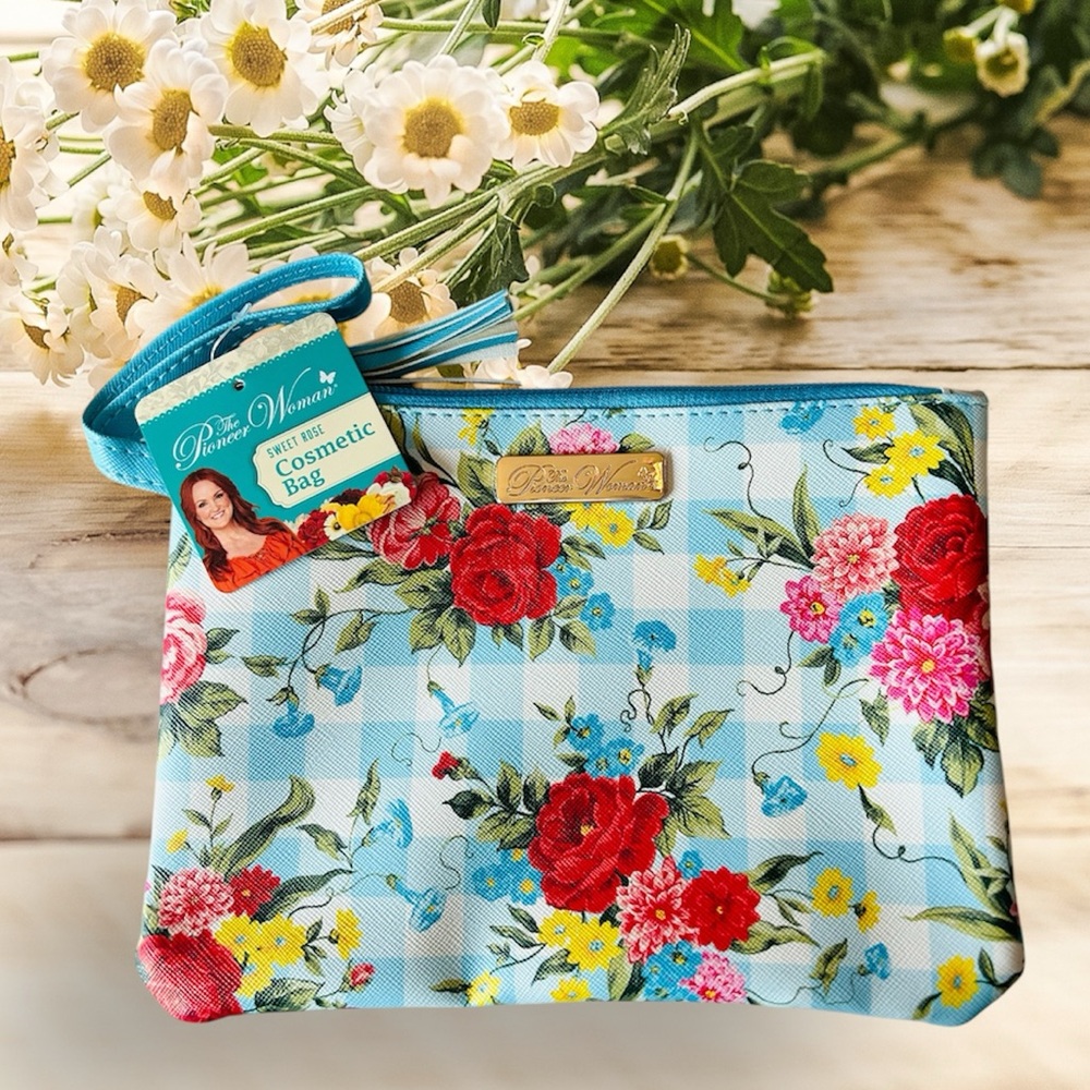 New The Pioneer Woman Sweet Rose Design Red, White, Blue Cosmetic Makeup Bag